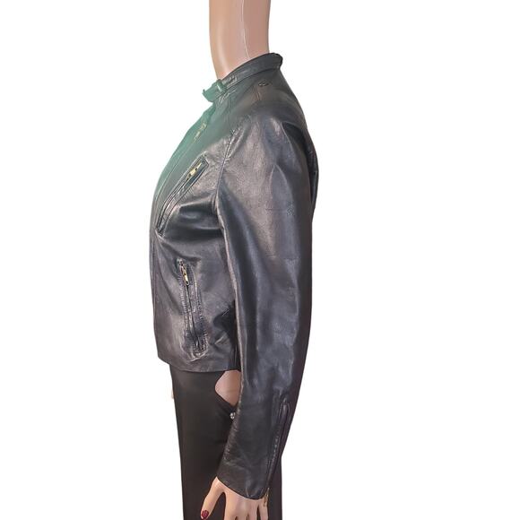 Vintage 90s Wilsons Leather Size 6 (10 )Black Cropped Moto Biker Jacket Zips - Picture 3 of 14